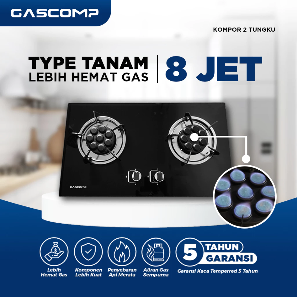 GASCOMP Kompor Tanam Kaca 8 JET Kompor Gas 2 Tungku 8 JET