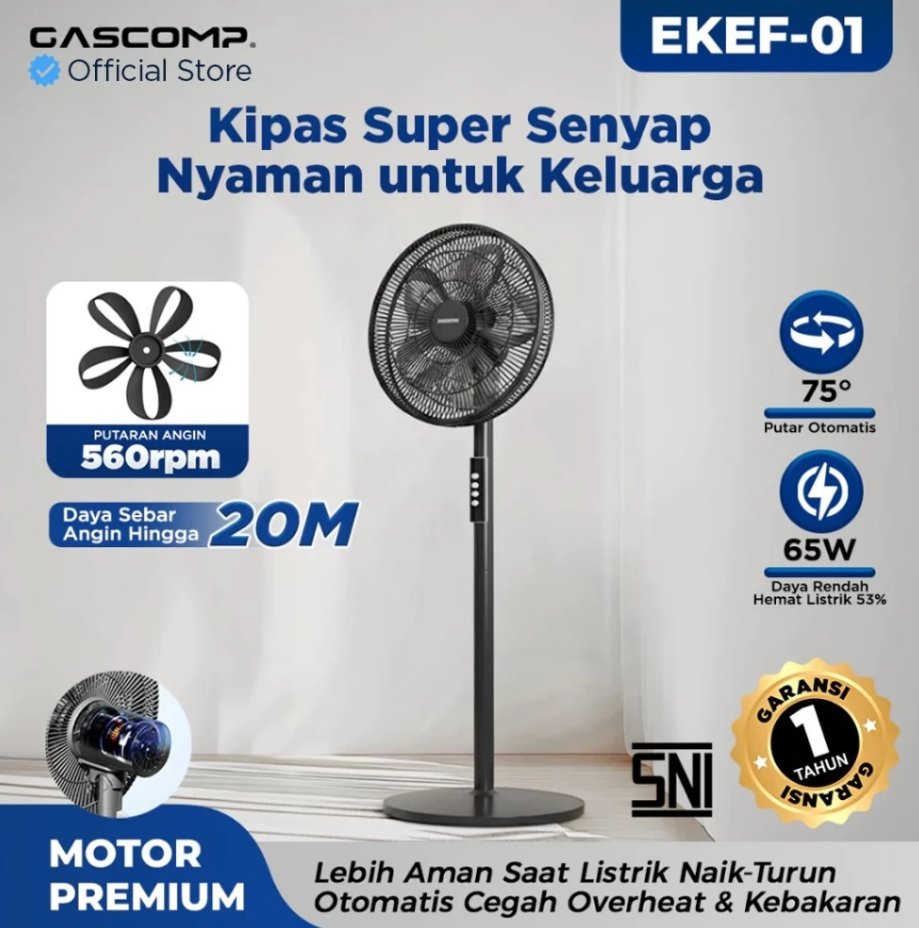 GASCOMP EKEF-01 Kipas Angin Berdiri 16" | Super Senyap 18dB | Thermal Fuse Anti Kebakaran | Hemat Listrik 53% | 2in1 Meja & Berdiri